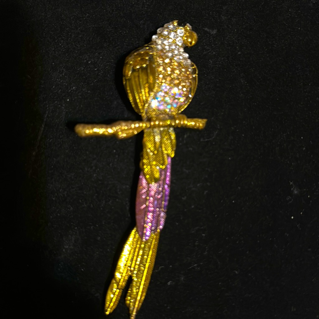 Multicolored Rhinestone Parrot Broach With Articulated Tail (345) Unmarked